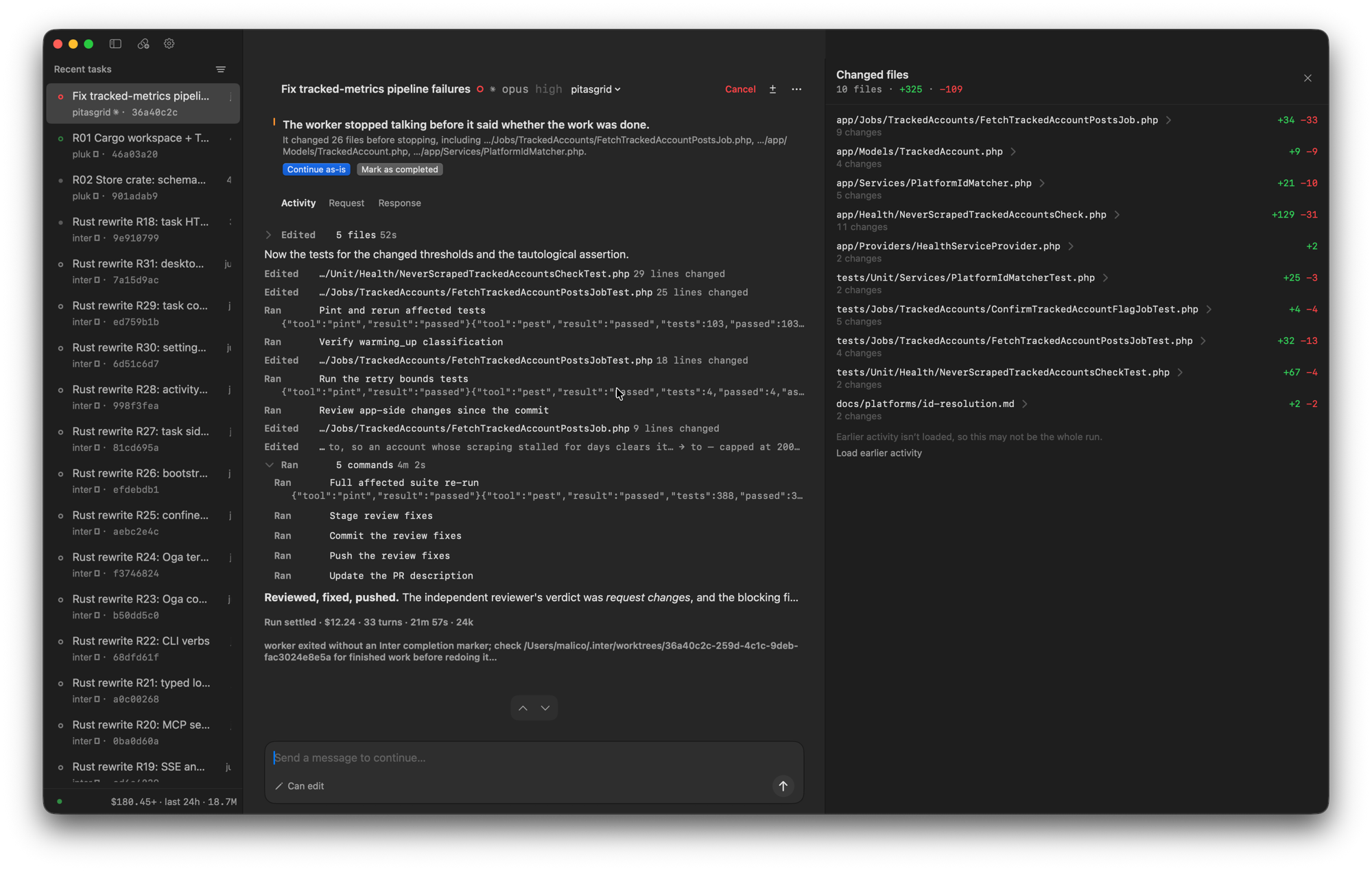 Oga showing a delegated task with its activity log, the checks it ran, and the ten changed files with line counts.