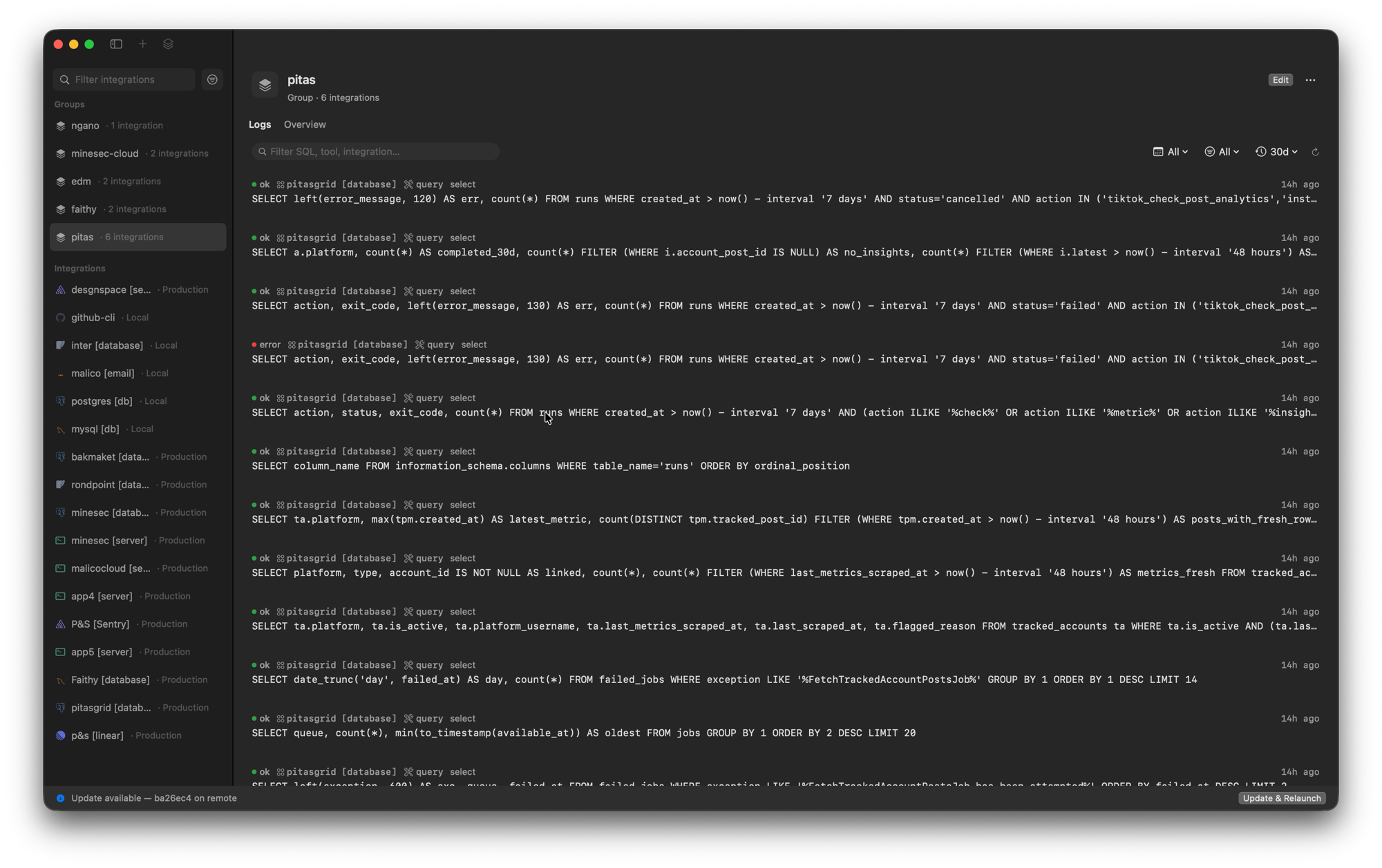 pluk showing grouped services for a project and a log of every statement run through them, each marked ok or error.